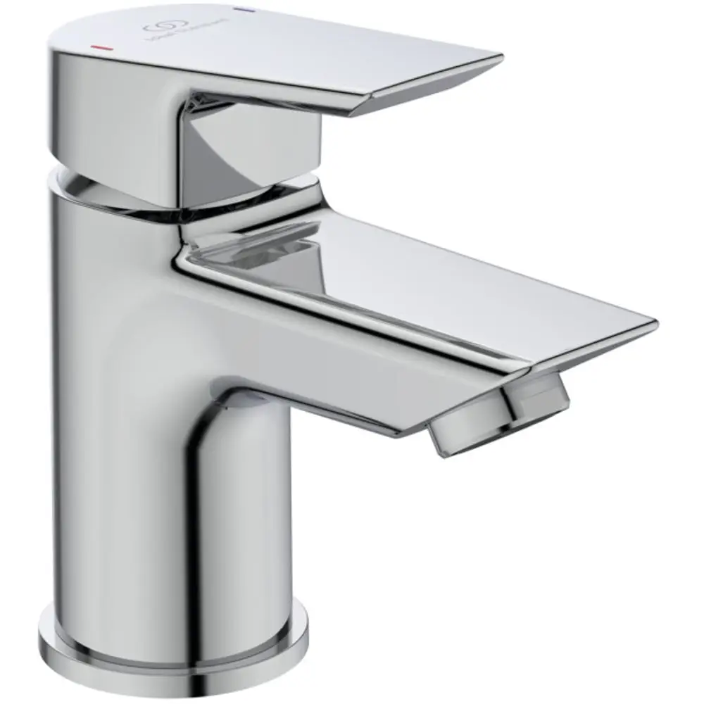 Waschtischarmatur aus Chrom von Ideal Standard mit flachem Griff und seitlichem Auslauf. Einfaches Design, geeignet für moderne Badgestaltung.
